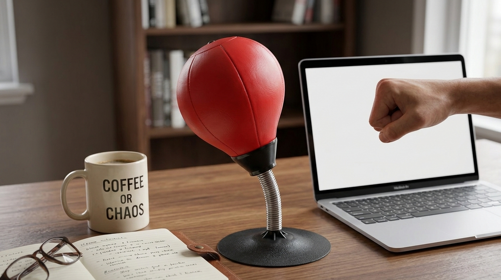 Red punching bag on a desk next to a laptop and coffee mug with text